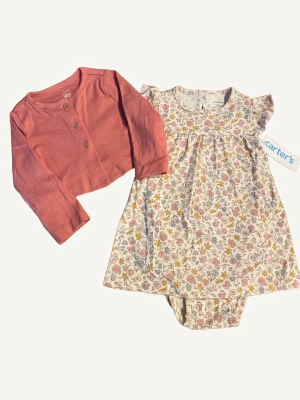 Carters Baby Girl Cotton Dress With Cardigan Sweater 12M Pink Floral NEW